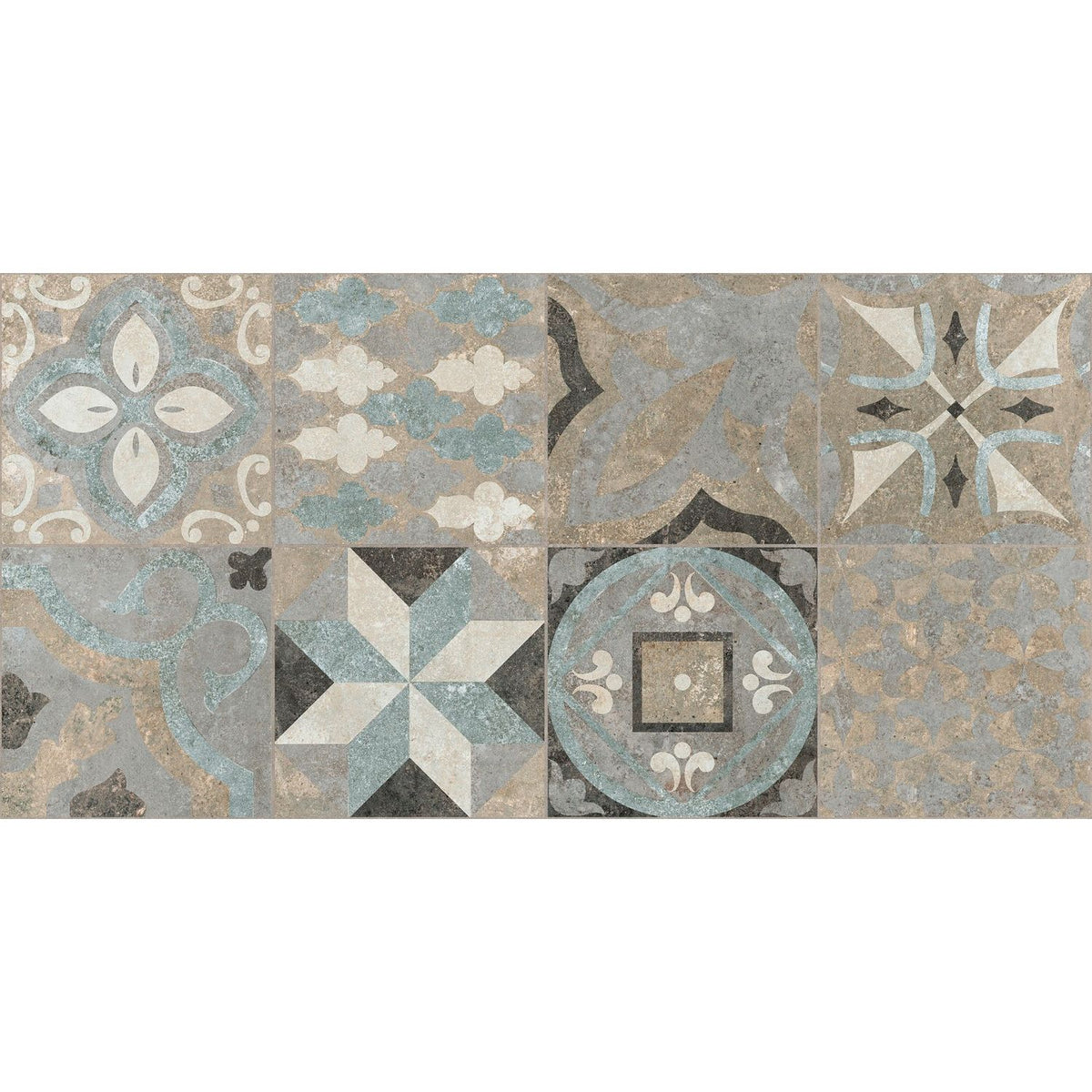 Vintage-inspired codec cementine random mix matt decor mosaic tile panel with intricate geometric and floral patterns in muted blues and grays