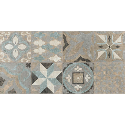 Vintage-inspired codec cementine random mix matt decor mosaic tile panel with intricate geometric and floral patterns in muted blues and grays