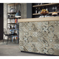 Patterned mosaic codec cementine random mix matt decor tiles in muted earth tones and soft grays on counter surface