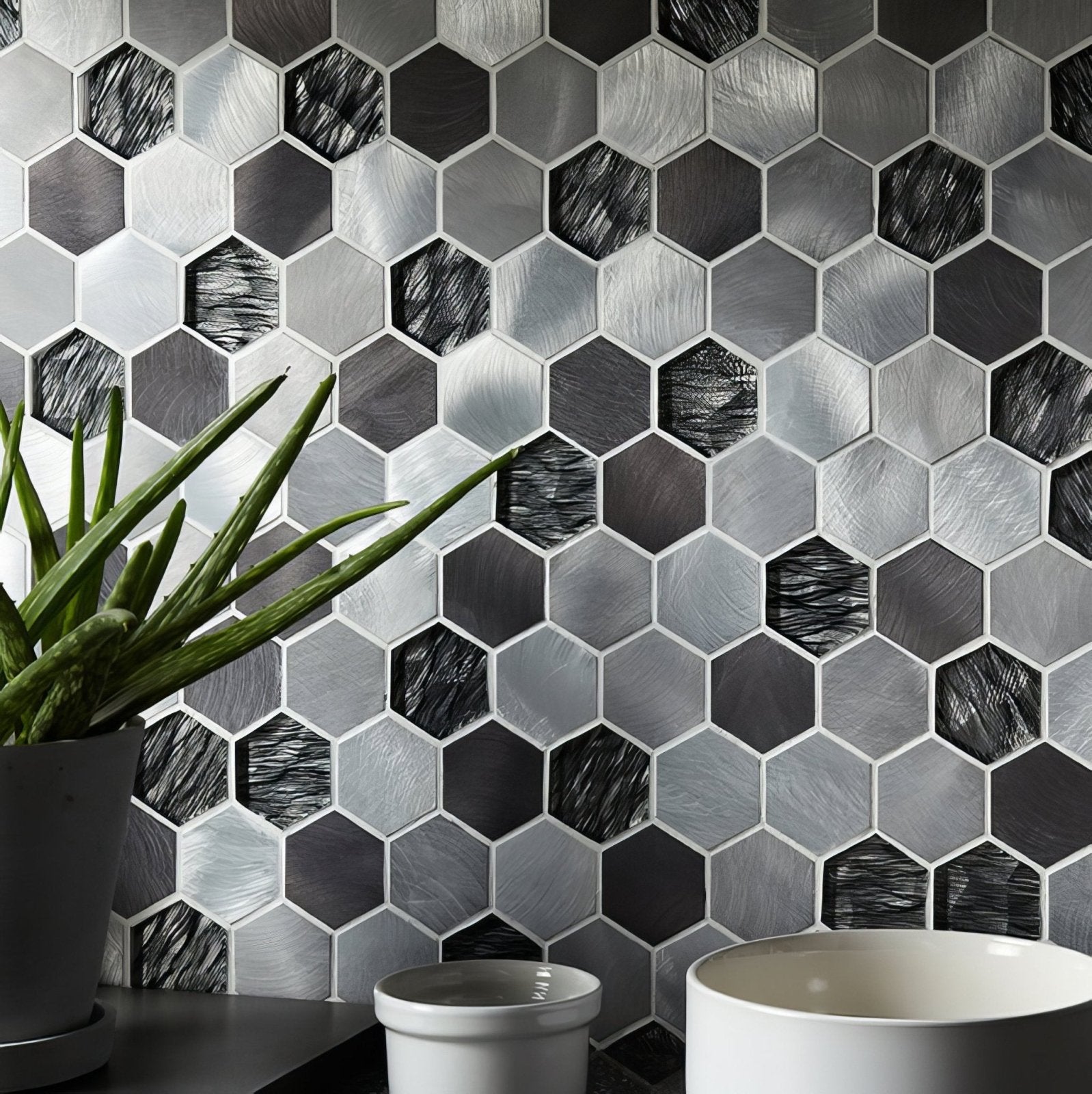 Colby Black Mix Glass & Metal Hexagon Mosaic
