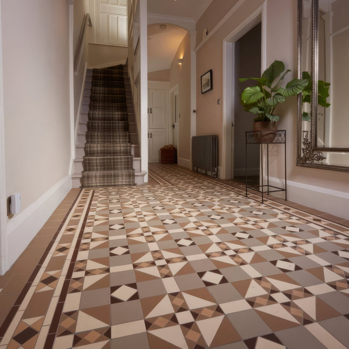 The colchester holkham dune tile floor features a geometric pattern in earthy beige brown cream tones for indoor use