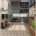 Dark gray kitchen cabinets with open shelving and built-in oven below countertop in compass sand beige setting