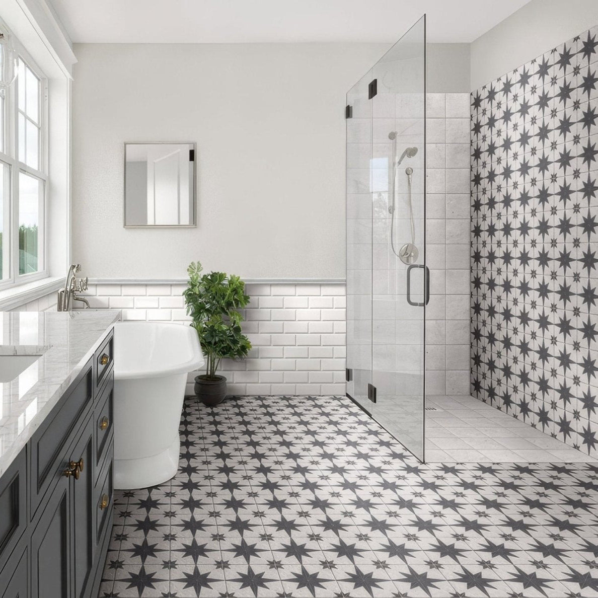 Black and white star-patterned ceramic floor tiles from compass white collection for bathroom use