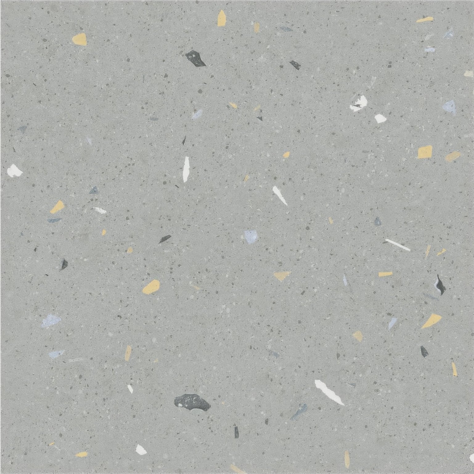 Confetti blue terrazzo effect tile in gray with yellow white black and light blue specks for decorative flooring