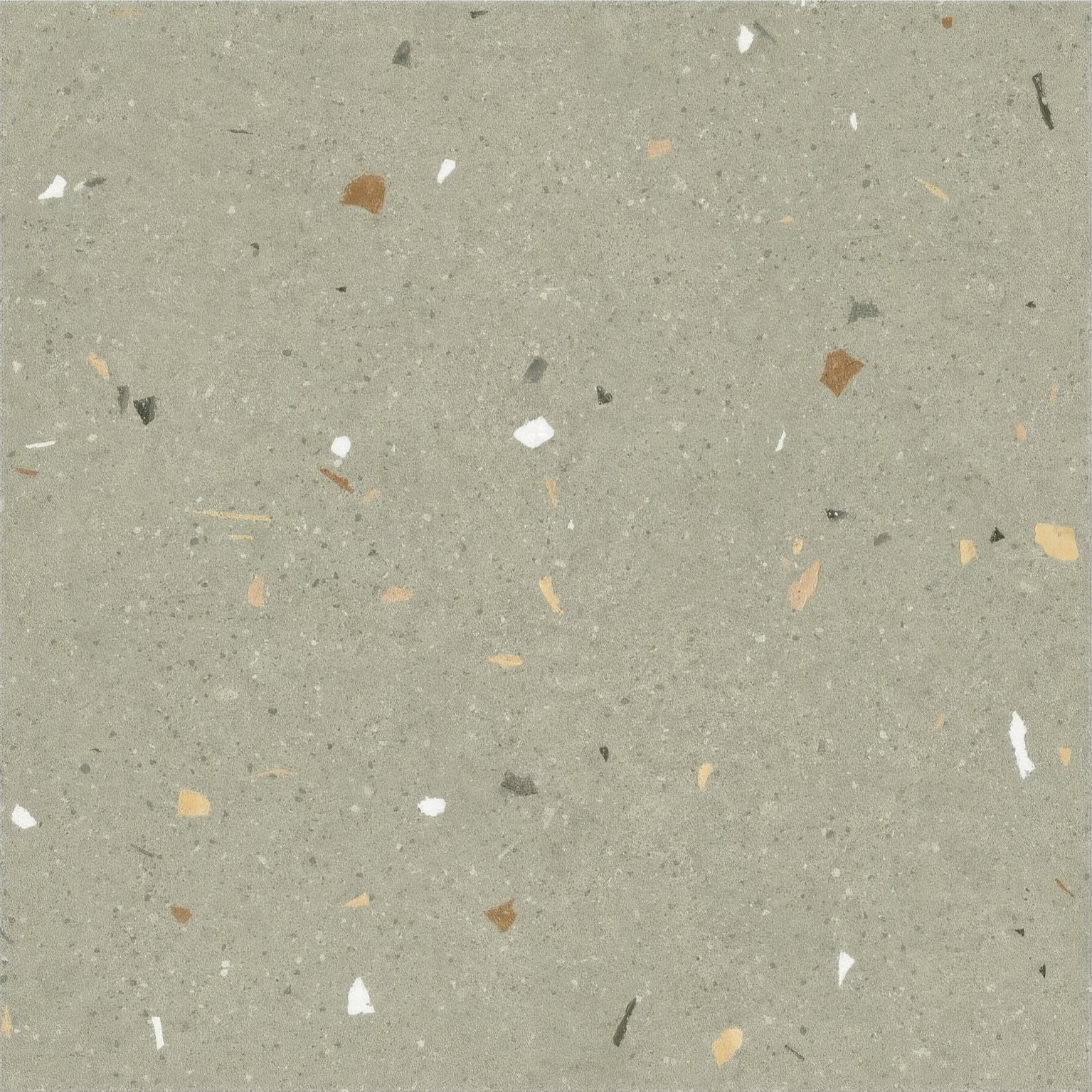 Confetti green terrazzo effect tile in gray with scattered white brown and black specks for flooring and walls