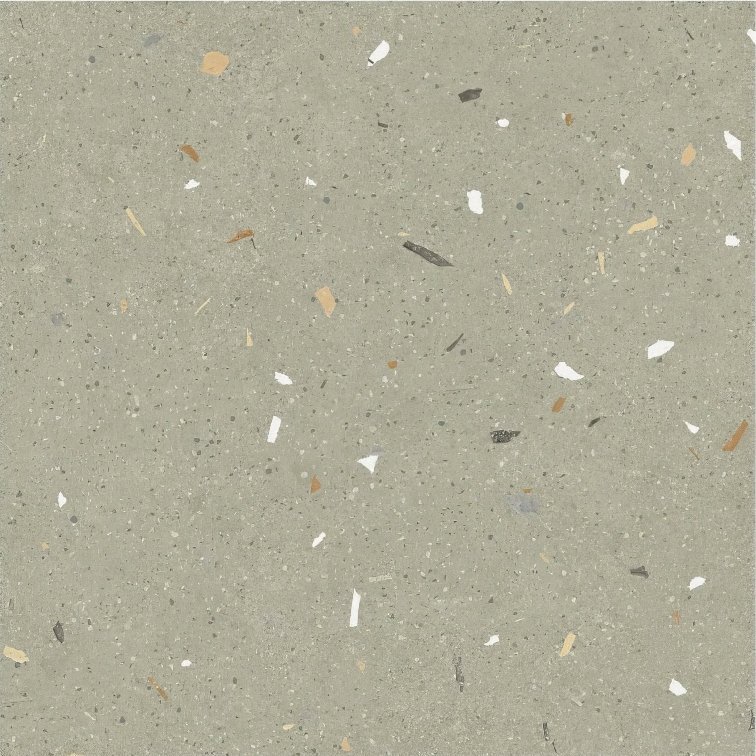 Confetti green terrazzo effect tile in gray with a speckled pattern of white beige and dark fragments