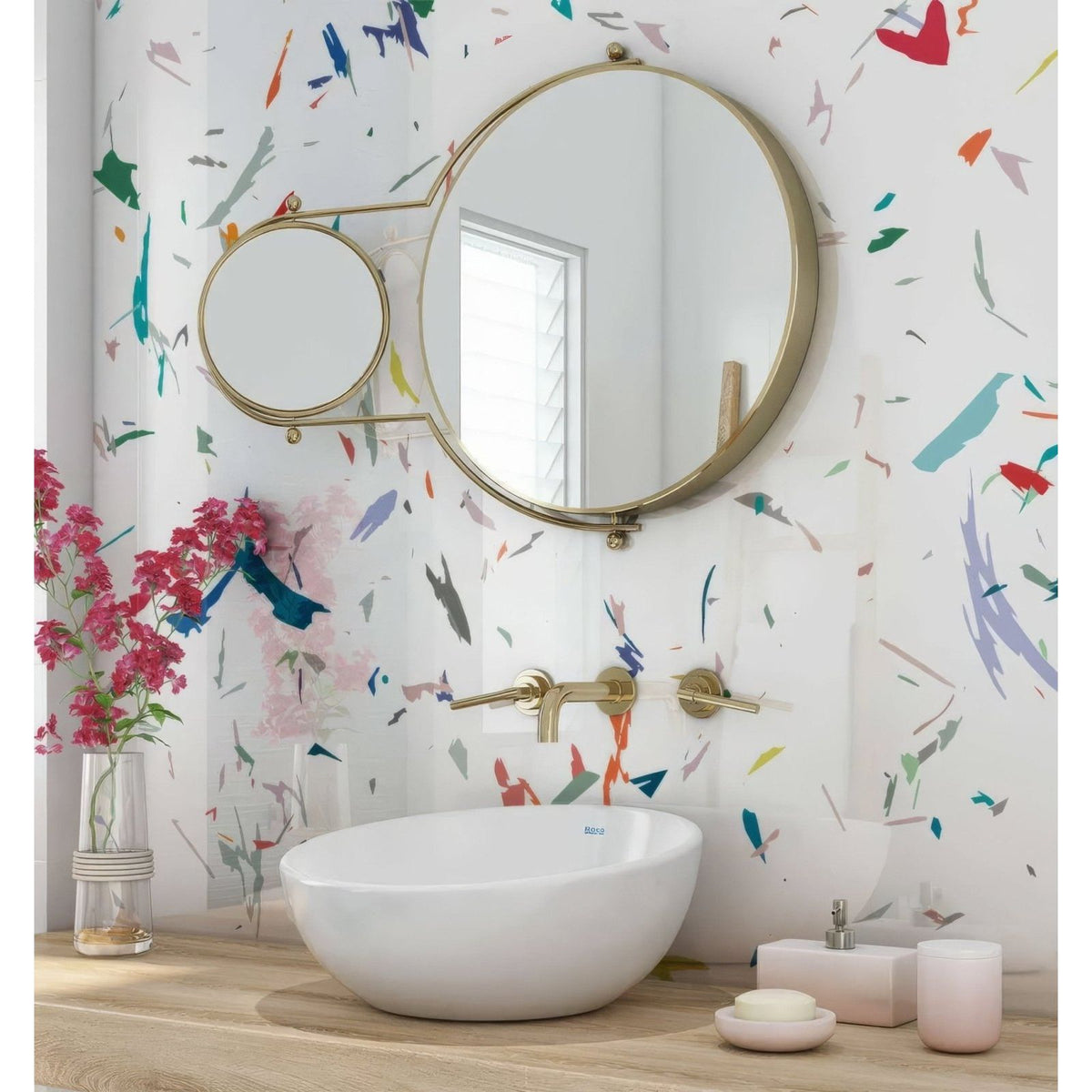 Gold-framed oval mirror with smaller circular inset on the left featured in confetti shower panel design