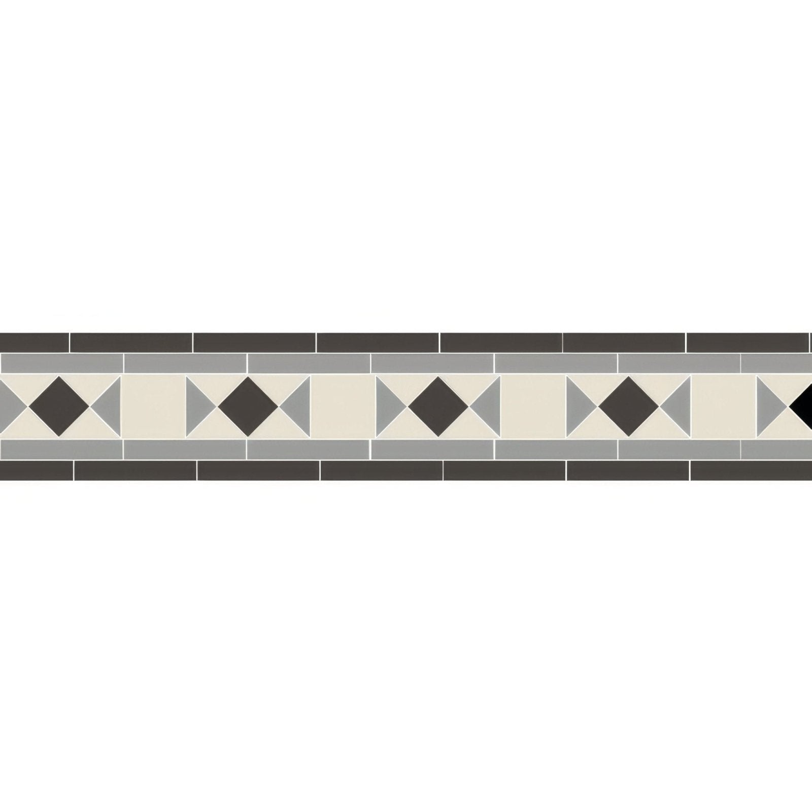 A classic Conrad black cream mosaic tile border with a repeating diamond pattern and geometric accents in Dover white and grey