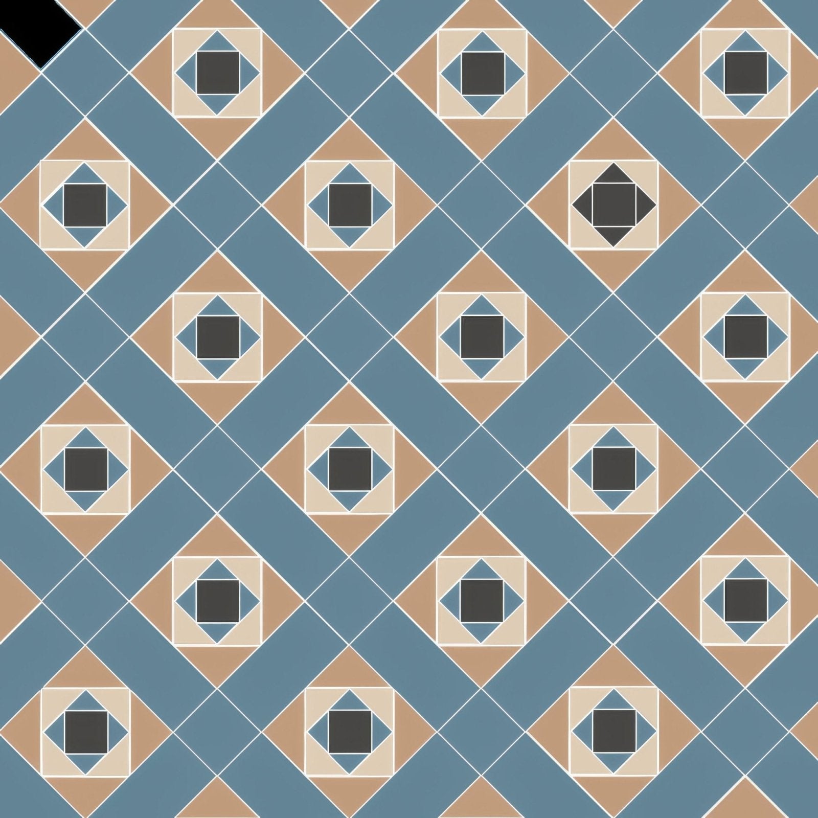 Conway blue and buff ceramic tile with blue and beige geometric diamond-shaped motifs for decorative use