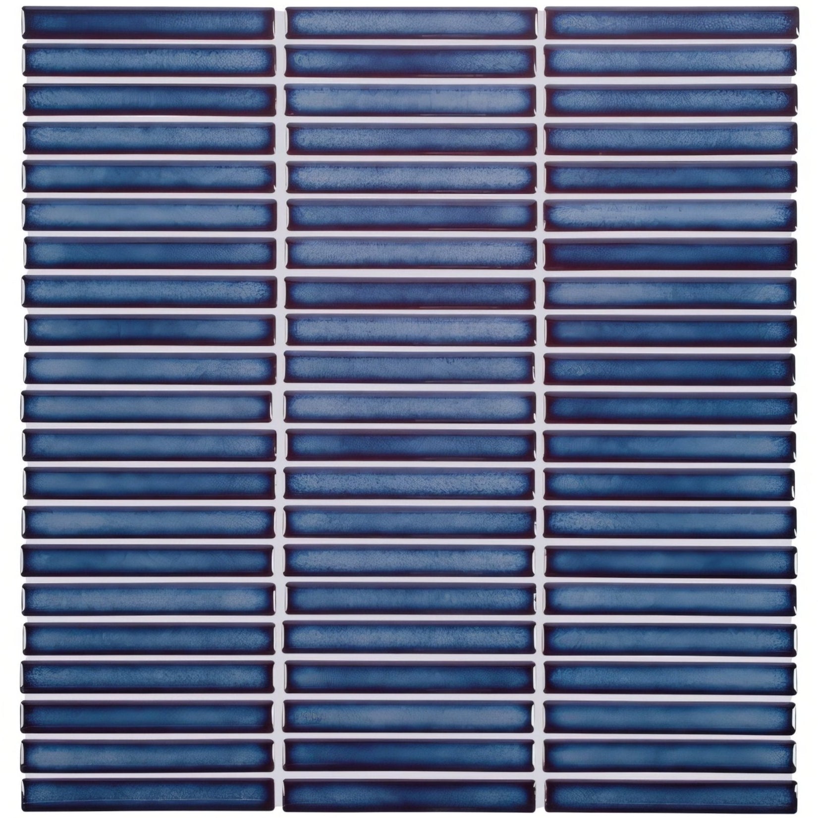 Deep blue rectangular glass mosaic tiles arranged in neat rows in the copenhagen kit kat blue mosaic product kit
