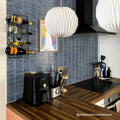 Copenhagen Kit Kat Blue Mosaic blue kit kat mosaic backsplash with a white pleated pendant light above the counter