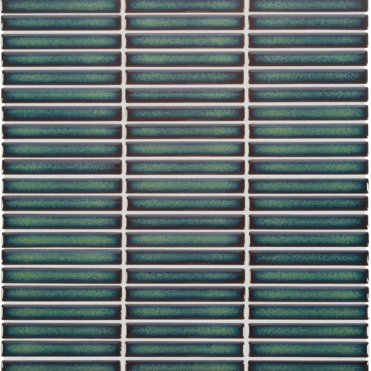 Teal and green glazed ceramic mosaic tile with subtle texture from the Copenhagen Kit Kat Dark Green Mosaic collection
