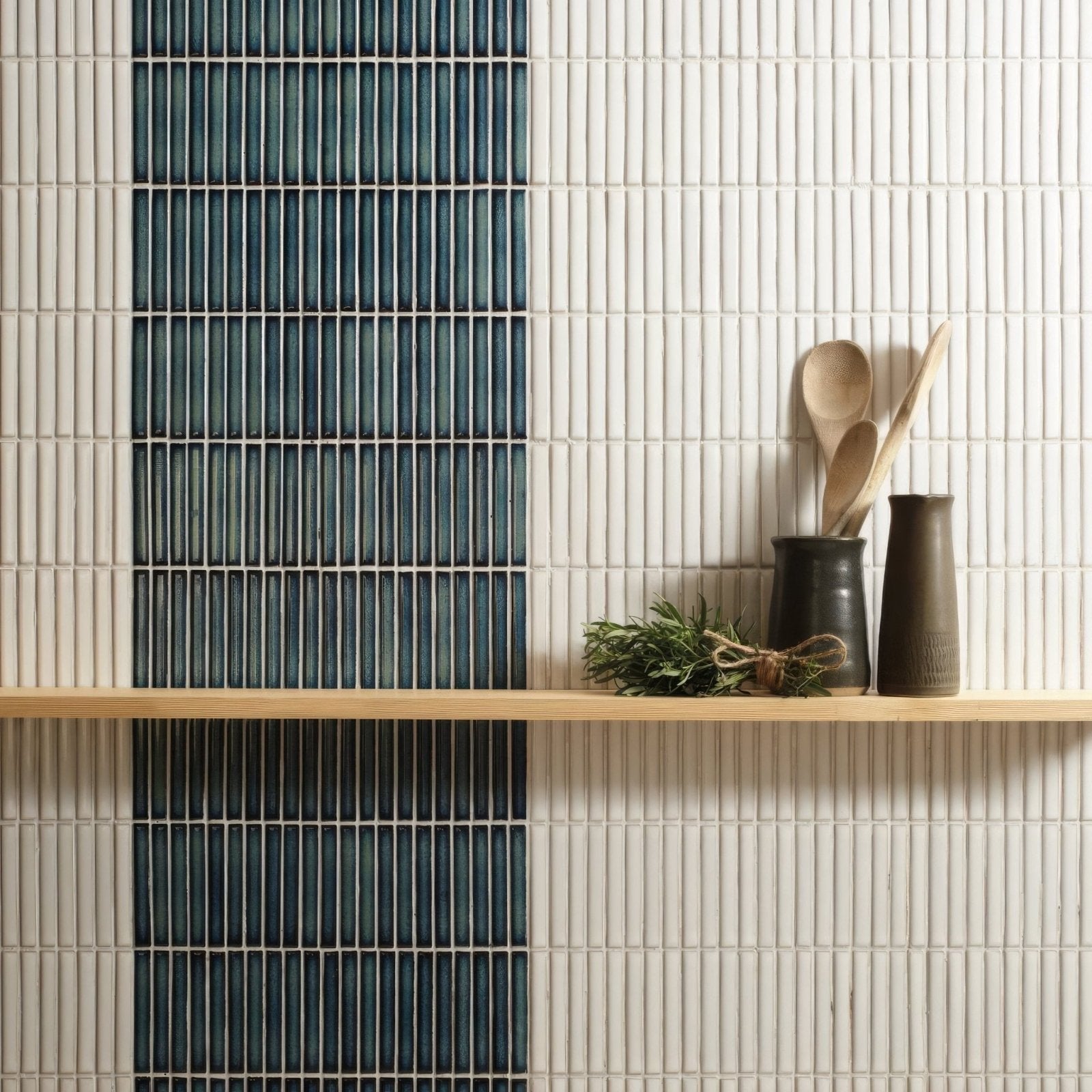 Dark blue and white vertical tile wall featuring copenhagen kit kat white mosaic for stylish interior design