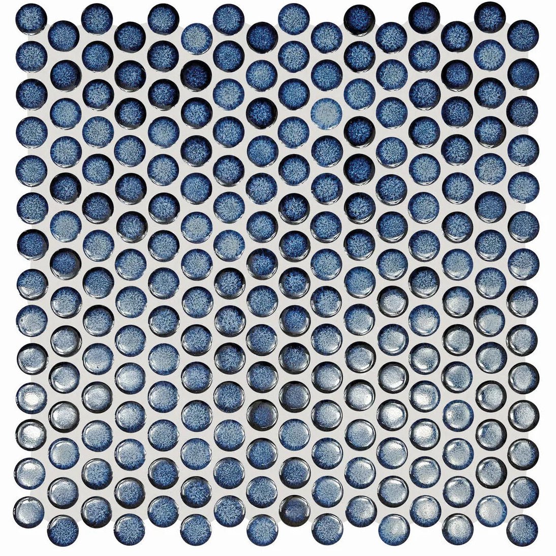 Copenhagen penny round blue mosaic glass tile with speckled glossy finish for decorative wall surfaces