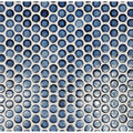 Blue ceramic mosaic tiles with glossy speckled finish arranged in a grid pattern for copenhagen penny round blue mosaic