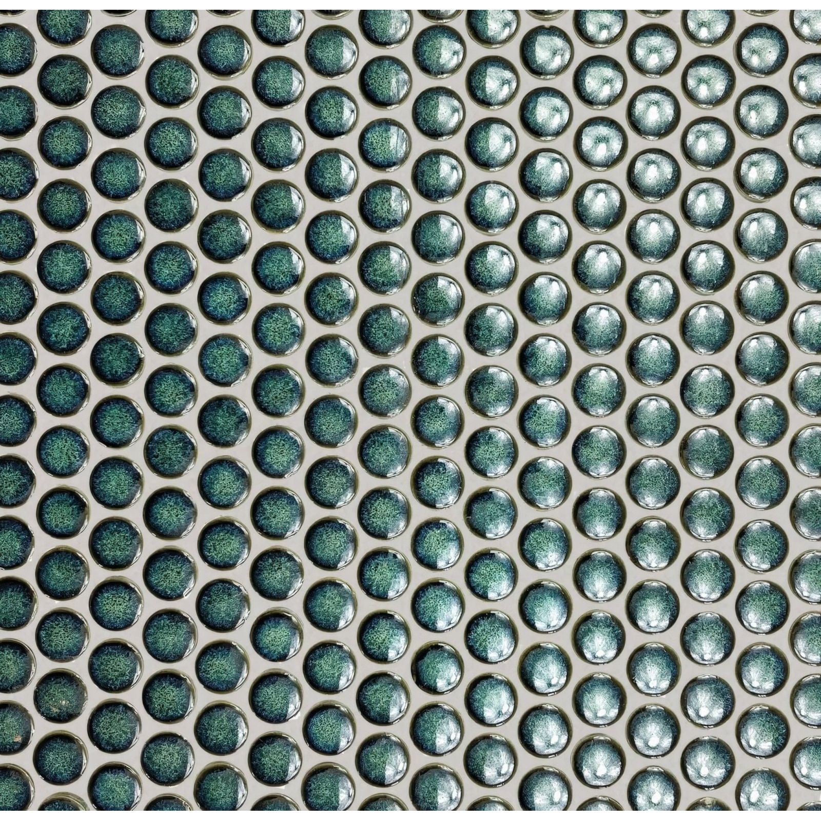 Copenhagen penny round dark green mosaic tile with teal-green metallic glossy speckled finish for walls and backsplashes