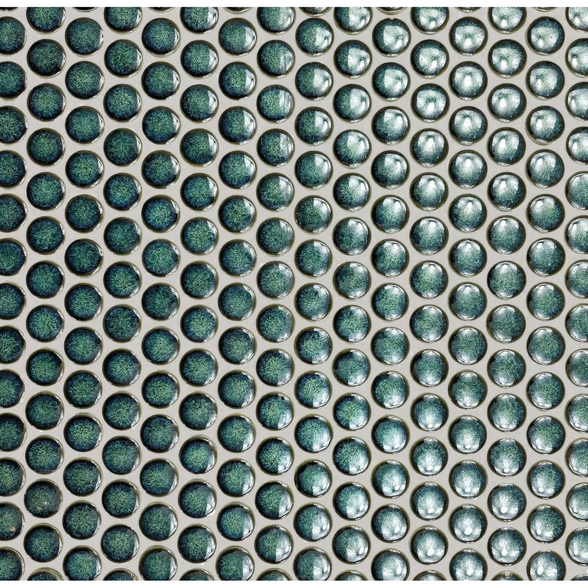 Copenhagen penny round dark green mosaic tile with teal-green metallic glossy speckled finish for walls and backsplashes