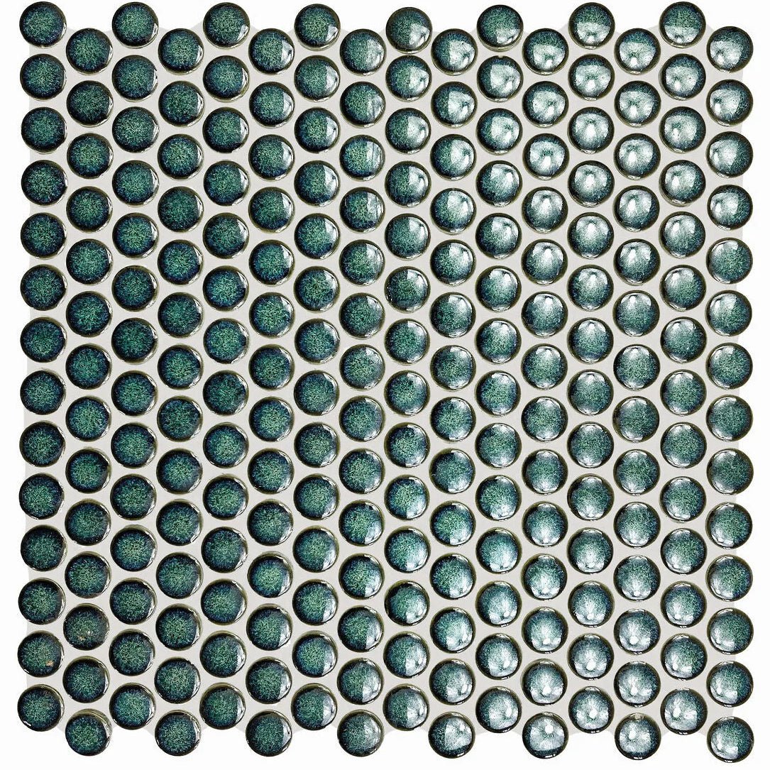 Copenhagen penny round dark green mosaic with circular glossy speckled green tiles for decorative use
