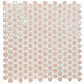 A sheet of copenhagen penny round pink mosaic rose gold glass tiles with a glossy reflective surface