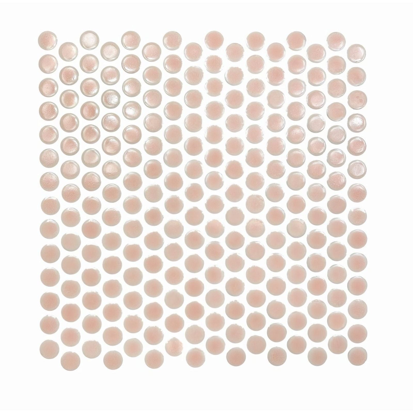 Rounded translucent pink glass mosaic tiles arranged in a grid pattern from copenhagen penny round pink mosaic