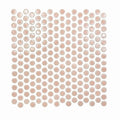 Rounded translucent pink glass mosaic tiles arranged in a grid pattern from copenhagen penny round pink mosaic
