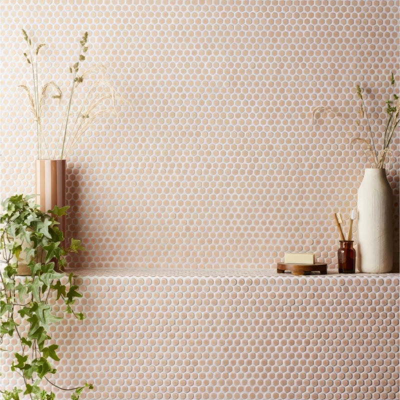 Copenhagen Penny Round Pink Mosaic pink penny round glass mosaic wall with a glossy finish