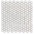 Clear glass copenhagen penny round white mosaic tile with subtle metallic sheen and uniform circular design