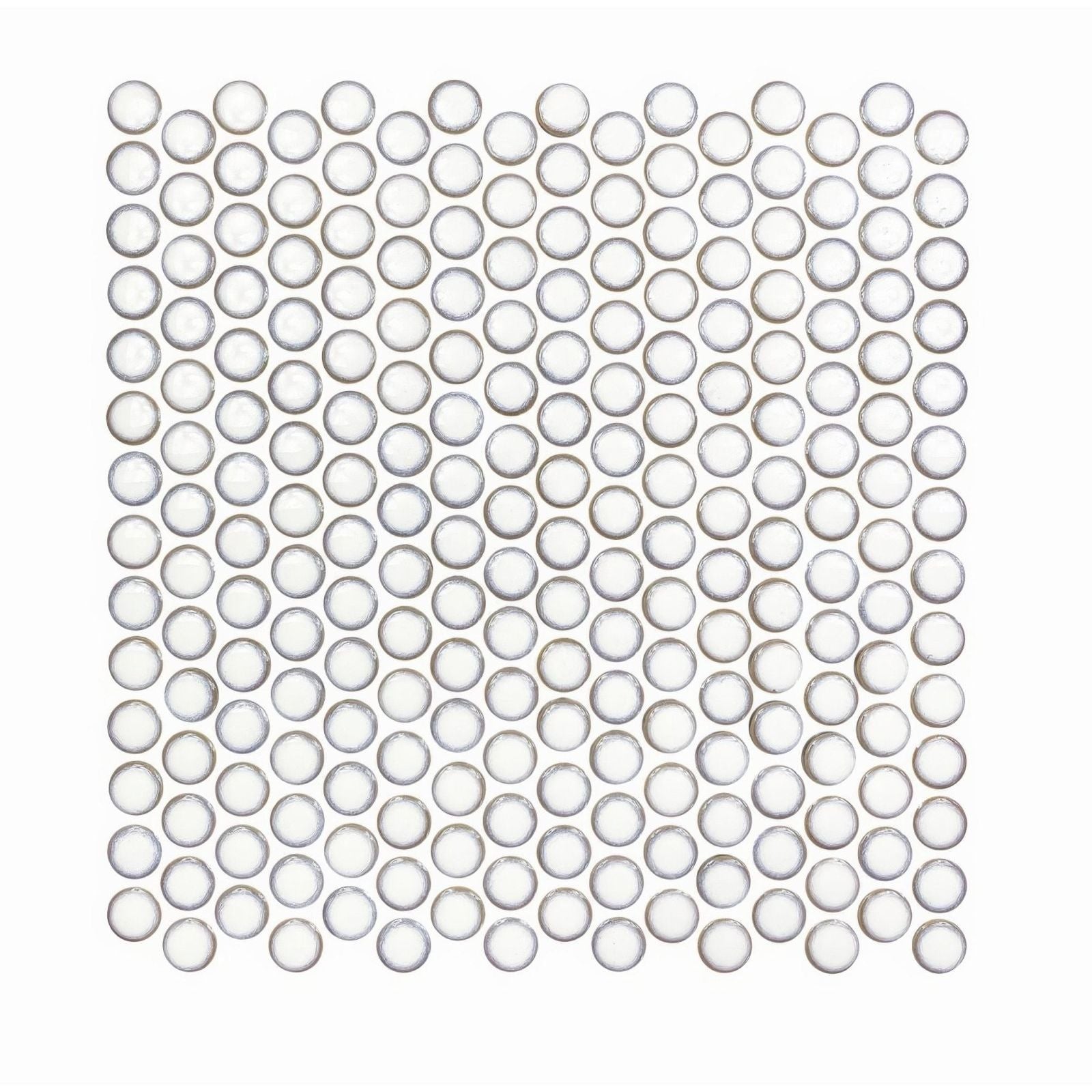 Clear circular glass mosaic tiles in a grid pattern from copenhagen penny round white mosaic collection