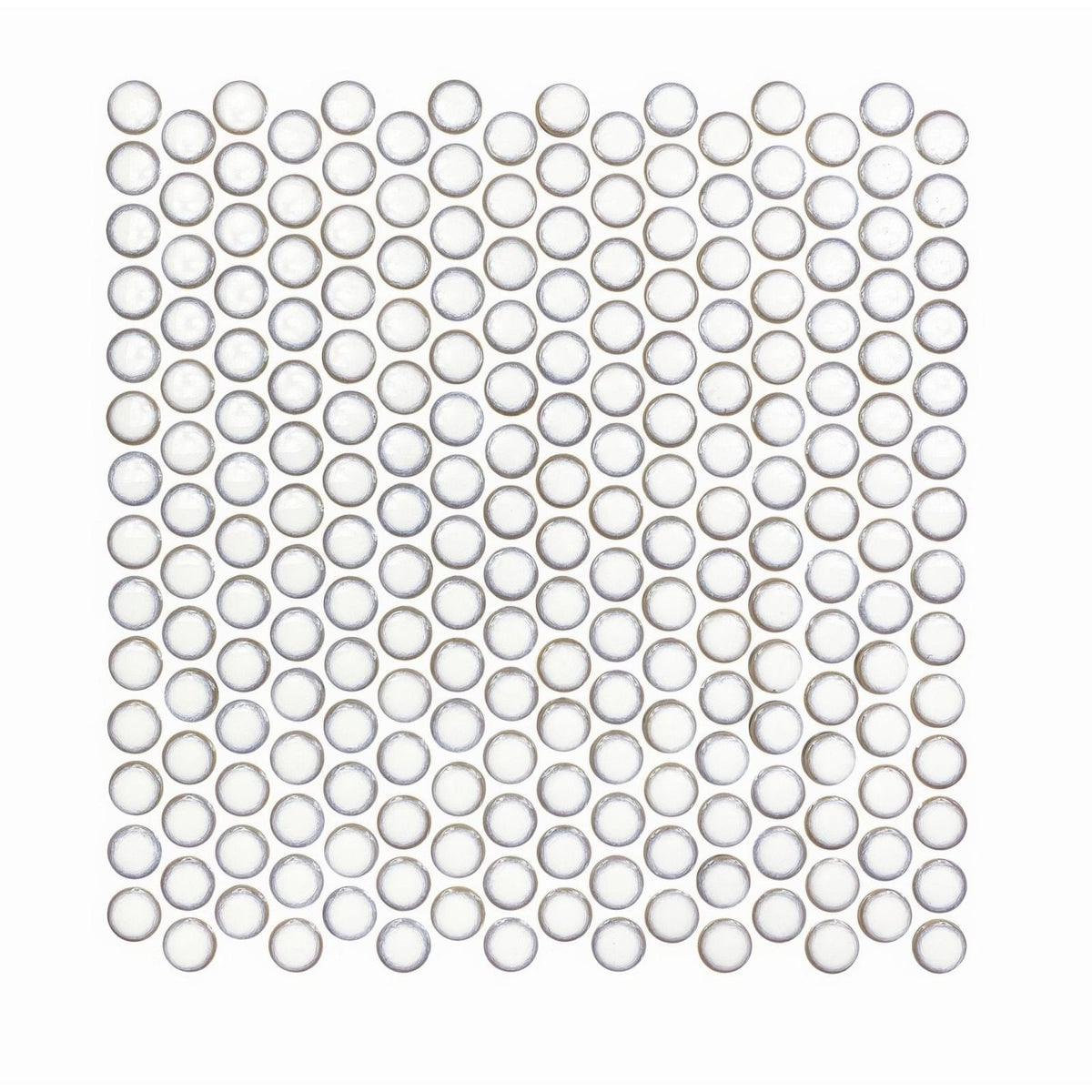 Clear circular glass mosaic tiles in a grid pattern from copenhagen penny round white mosaic collection