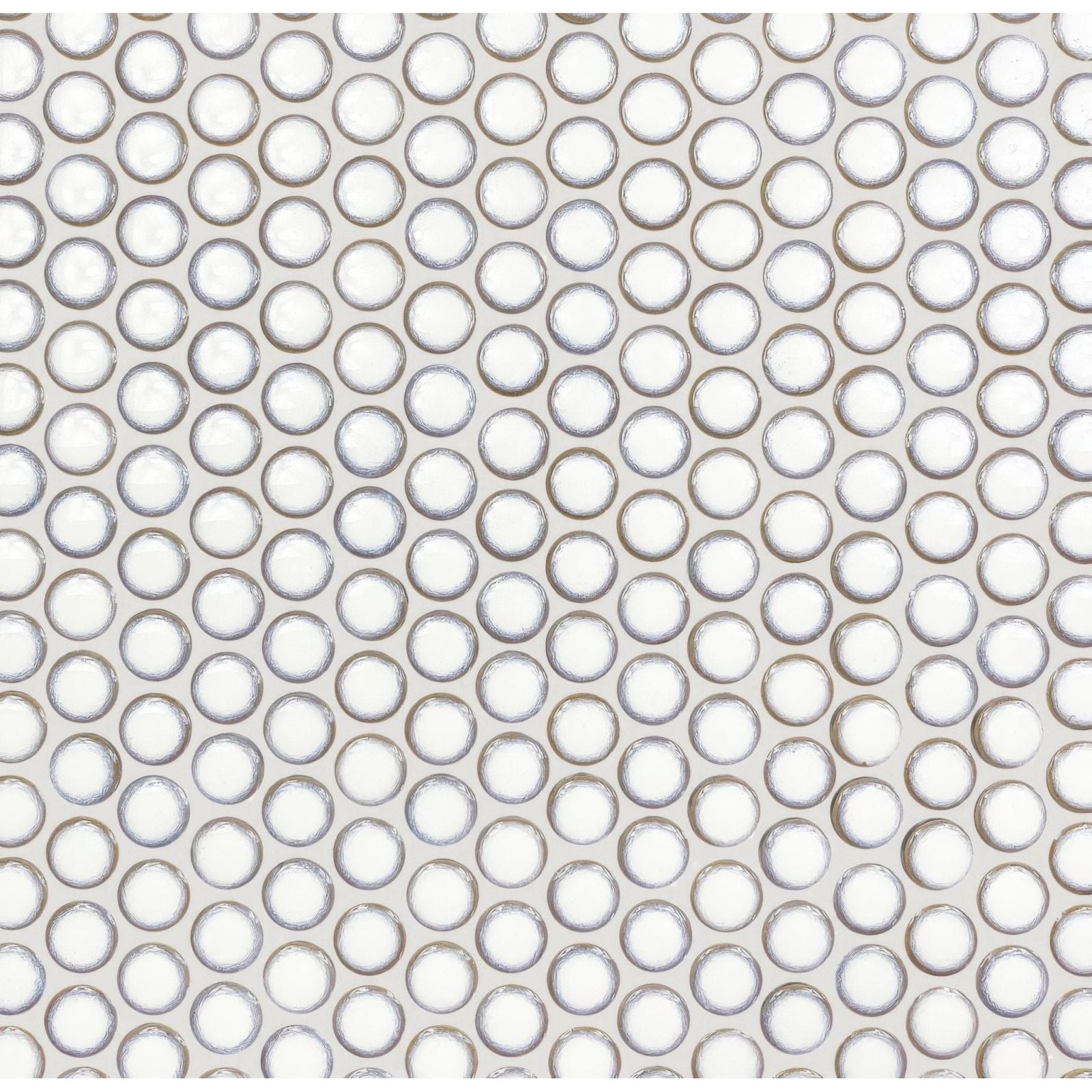 Copenhagen penny round white mosaic glass tiles with a subtle metallic rim in a circular penny round pattern