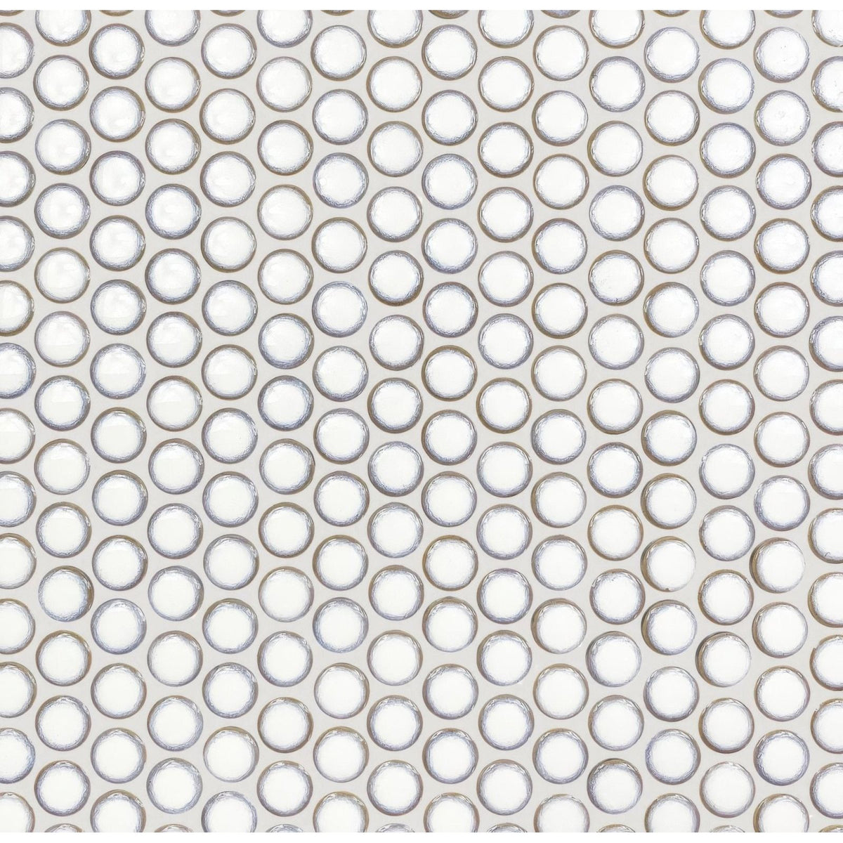 Copenhagen penny round white mosaic glass tiles with a subtle metallic rim in a circular penny round pattern