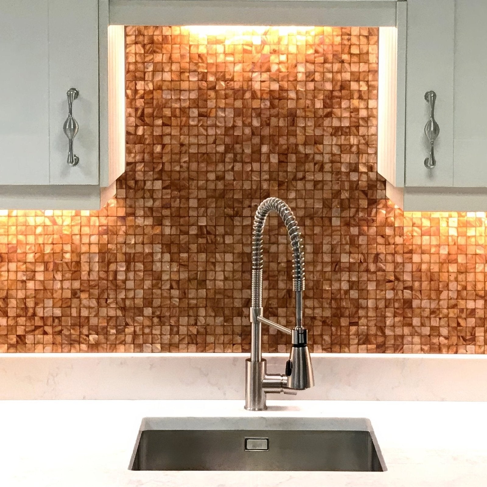 Copper 25mm square stainless steel gooseneck kitchen faucet with flexible coiled spout and pull-down spray head