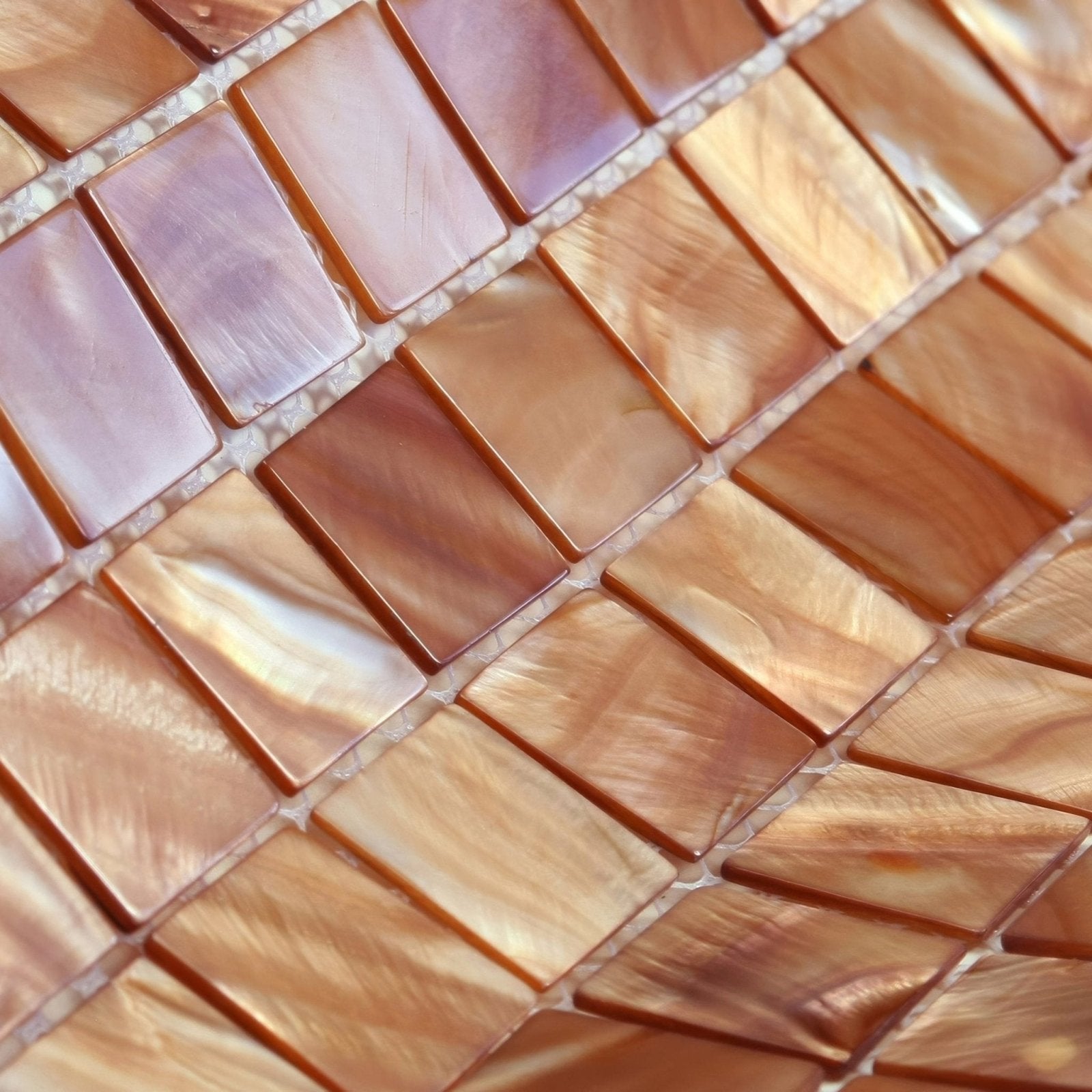 Rectangular iridescent copper-colored mother-of-pearl mosaic tiles with a glossy finish copper 25mm square