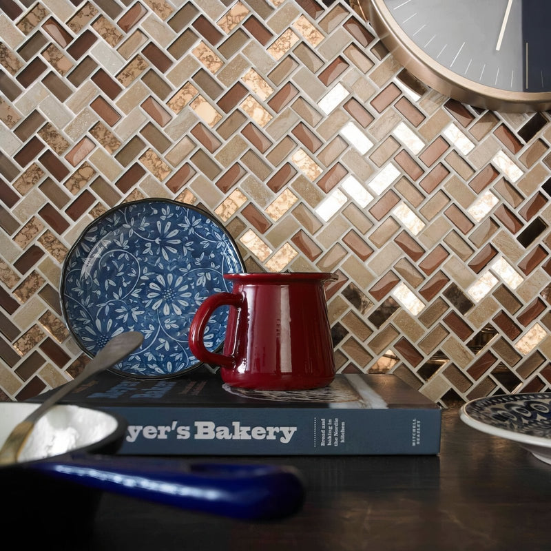 Copper Herringbone Glass & Stone Mosaic