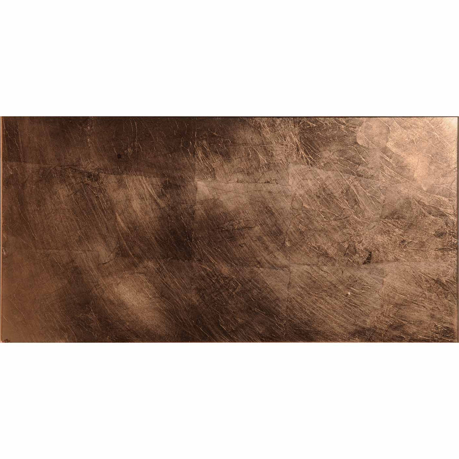 Copper leaf decorative glass featuring a rectangular copper-toned metal tile with a textured brushed finish