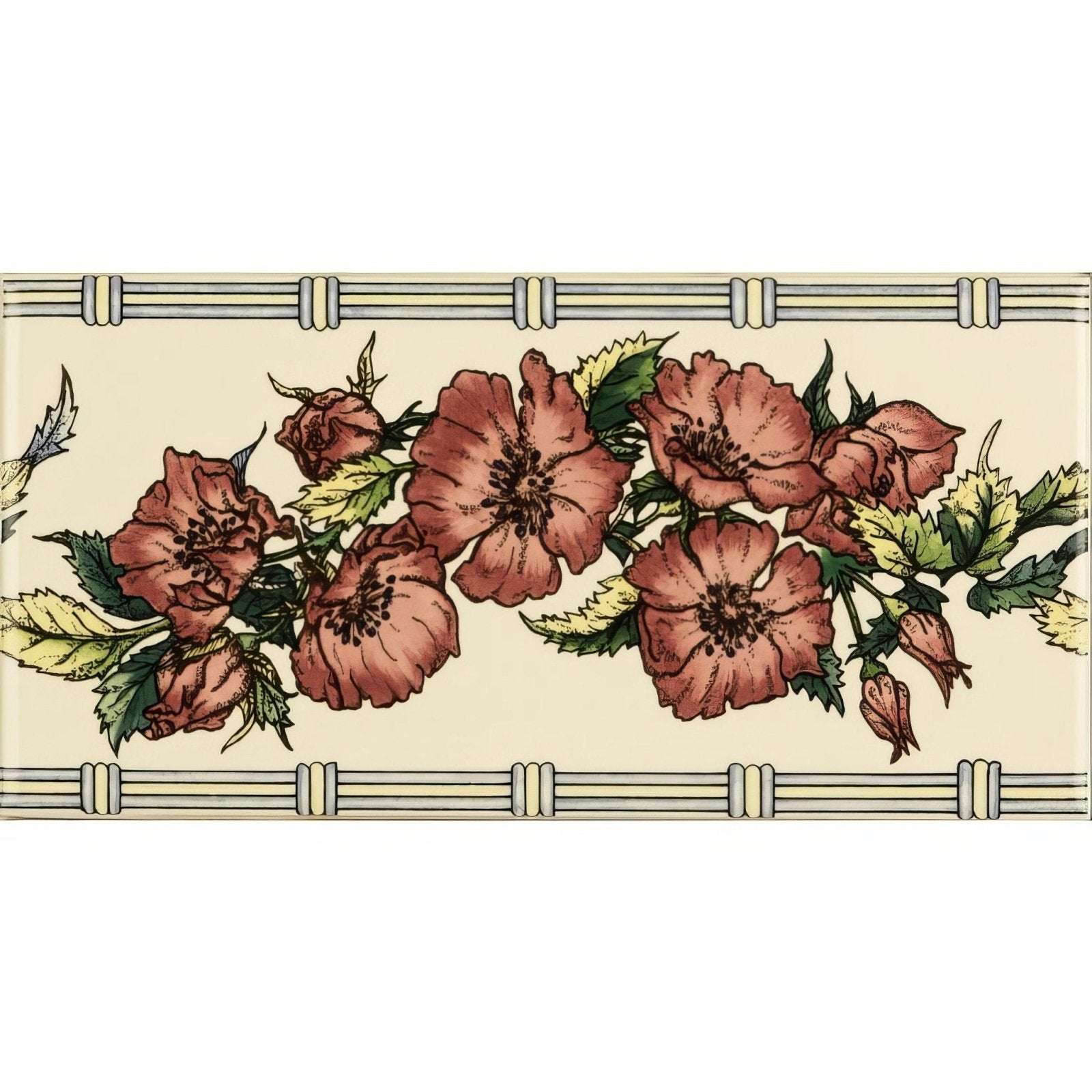 Beige ceramic tile with corded poppies red classical decorative border featuring rust-colored roses and green leaves
