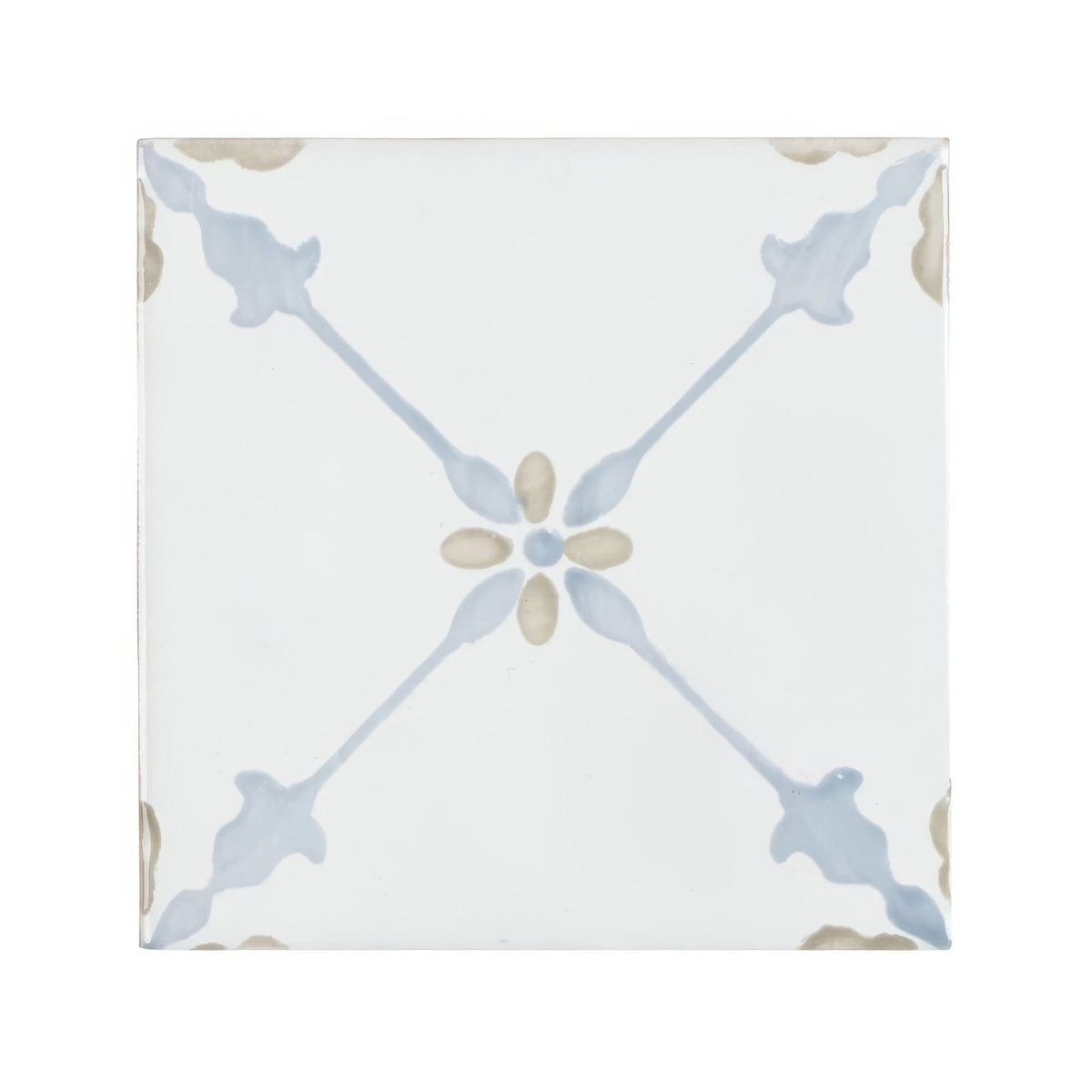 White ceramic cordoba decor 1 hand painted tile with delicate blue and beige floral pattern