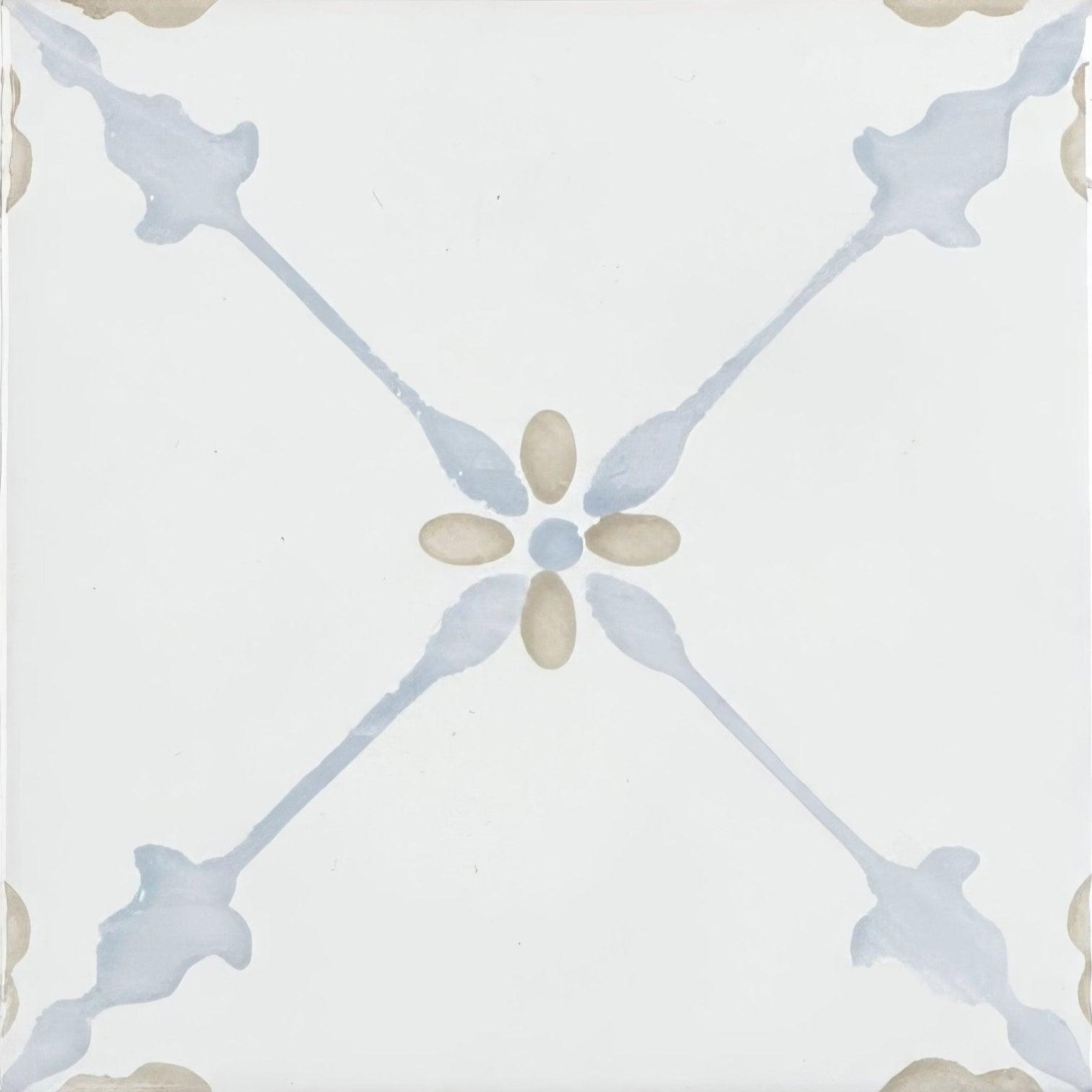 White ceramic cordoba decor 1 hand painted tile with delicate symmetrical floral design in soft blue and beige tones