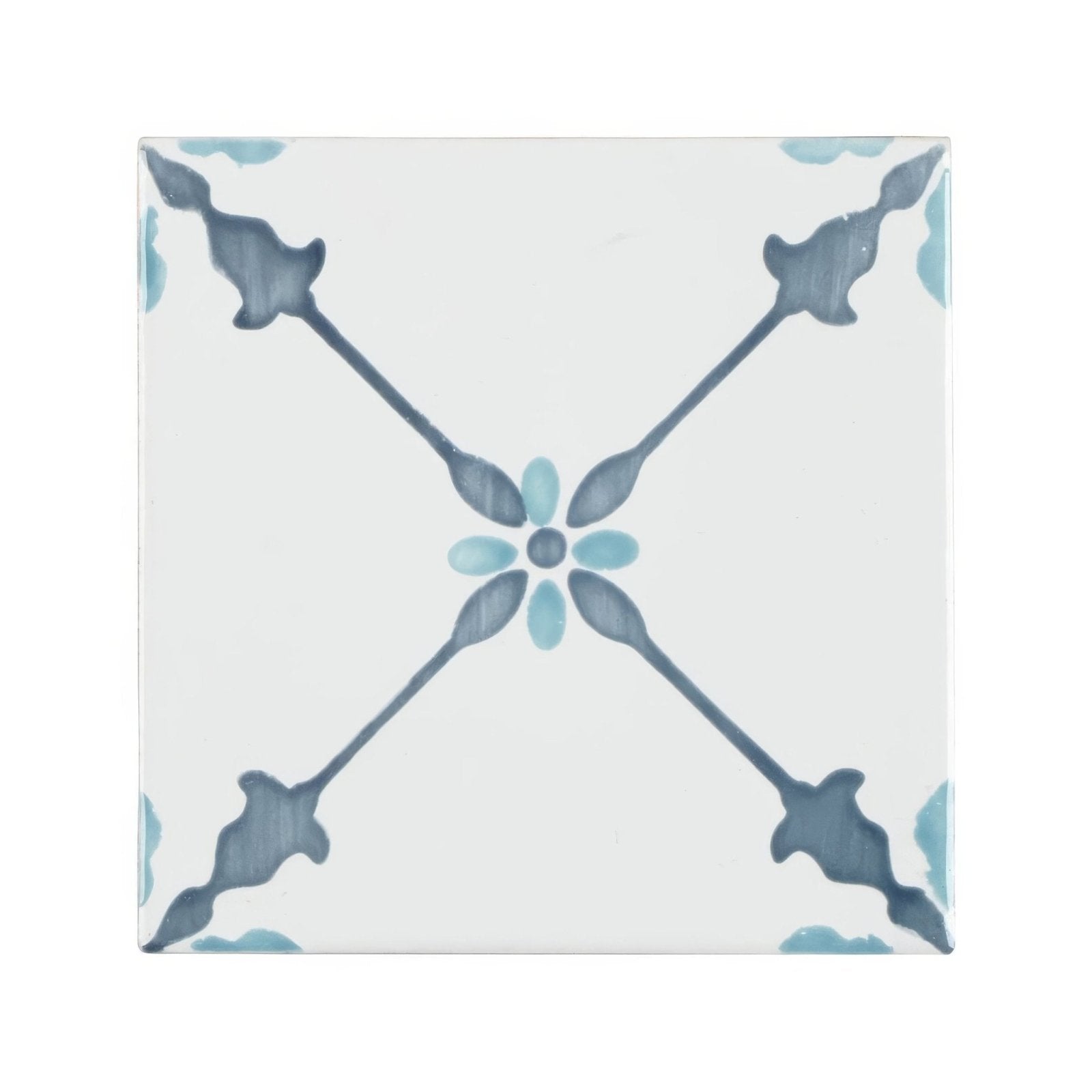 Square ceramic Cordoba Decor 2 hand painted tile with white base and blue geometric floral pattern