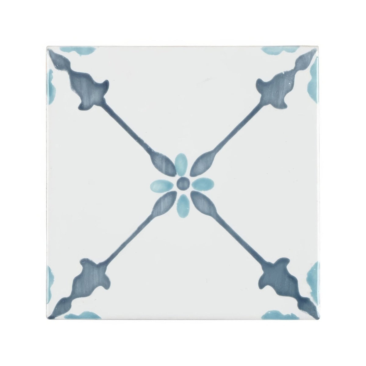 Square ceramic Cordoba Decor 2 hand painted tile with white base and blue geometric floral pattern