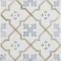 White ceramic Cordoba Decor 3 hand painted tile with muted blue and beige geometric pattern for wall or floor use