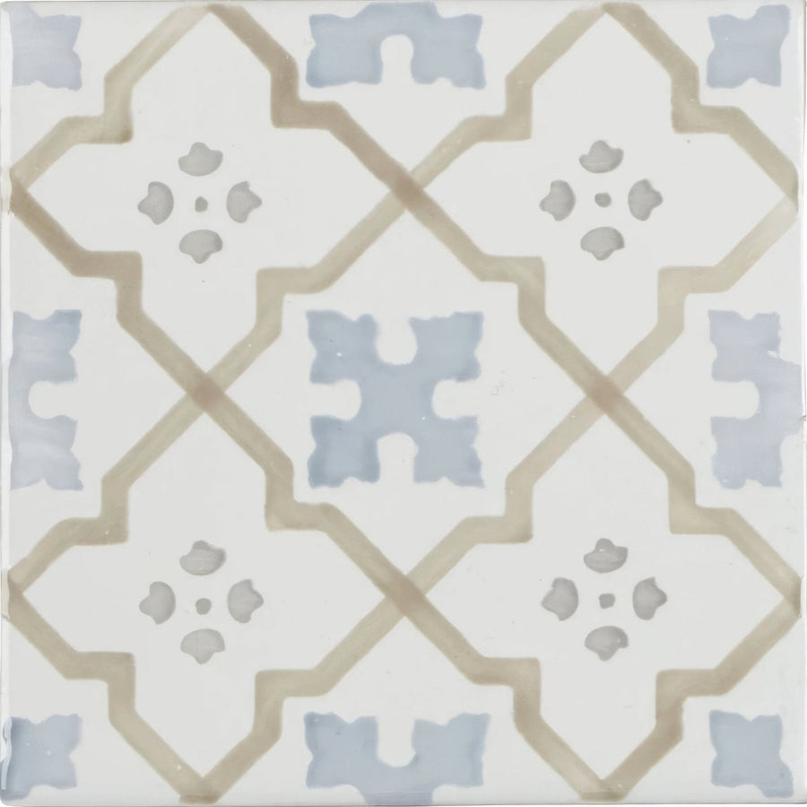 White ceramic Cordoba Decor 3 hand painted tile with muted blue and beige geometric pattern for wall or floor use