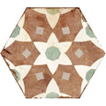 Cordoba hexagon tile with vintage hexagonal pattern in distressed earthy brown and muted green on white background