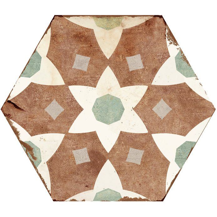 Cordoba hexagon tile with vintage hexagonal pattern in distressed earthy brown and muted green on white background