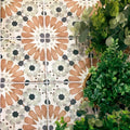Cordoba Petalo 20 x 20cm terracotta and gray ceramic tiles with geometric pattern and central starburst design