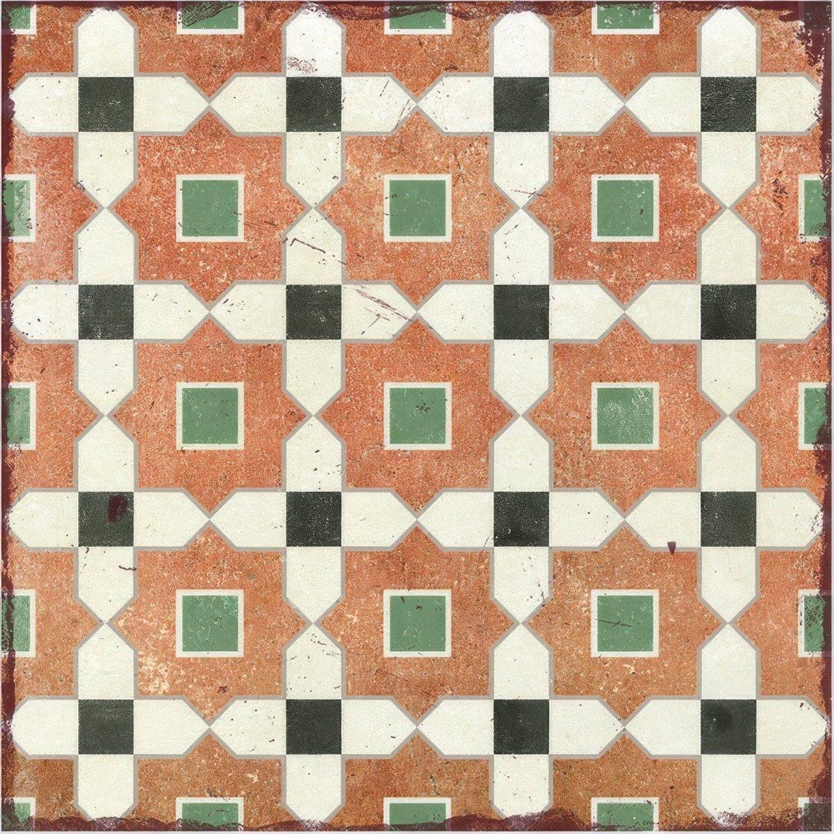 Vintage-style terracotta floor tile cordoba star 20 x 20cm with geometric black white and green squares in lattice design