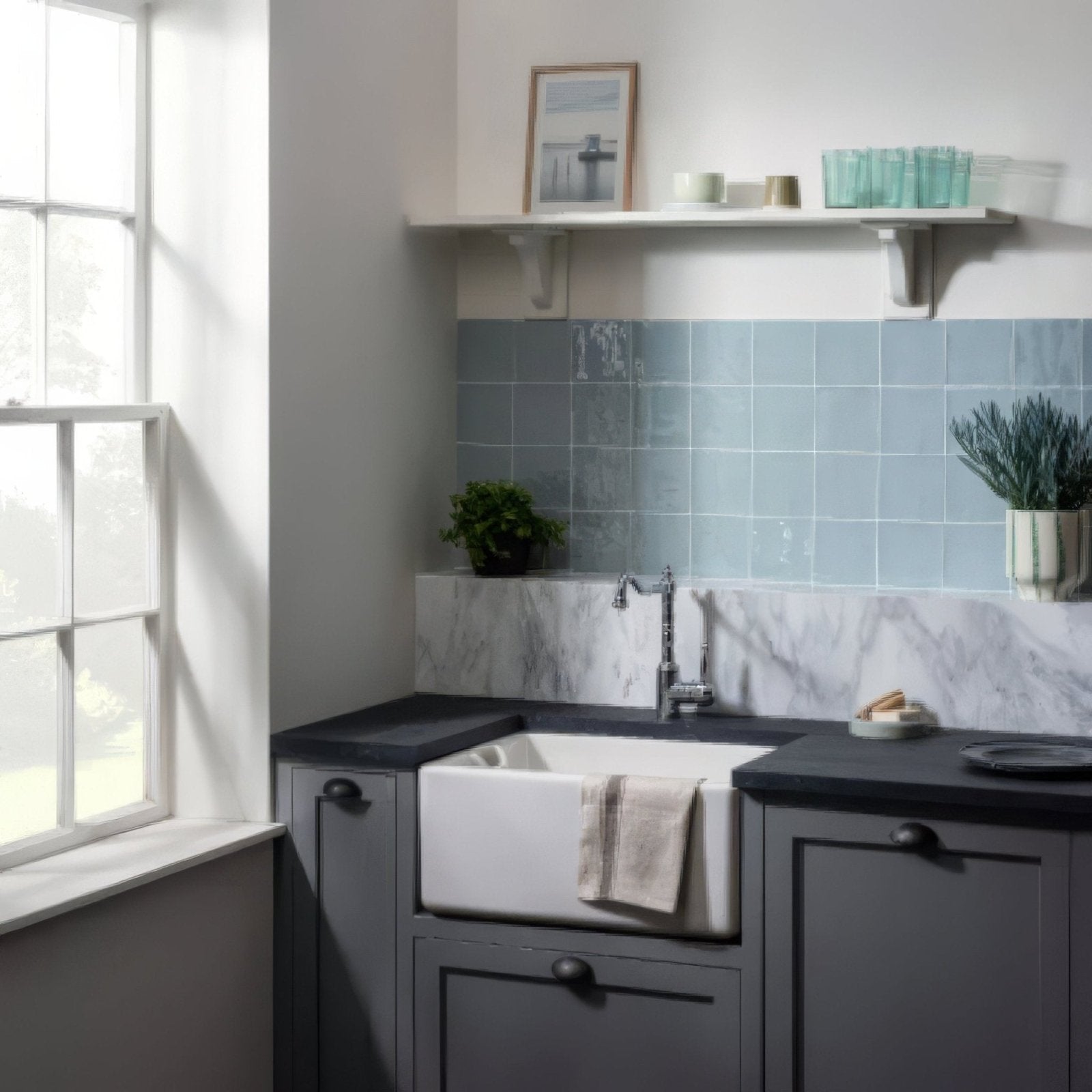 White ceramic farmhouse sink with towel draped over the edge featuring cornflower field tile background