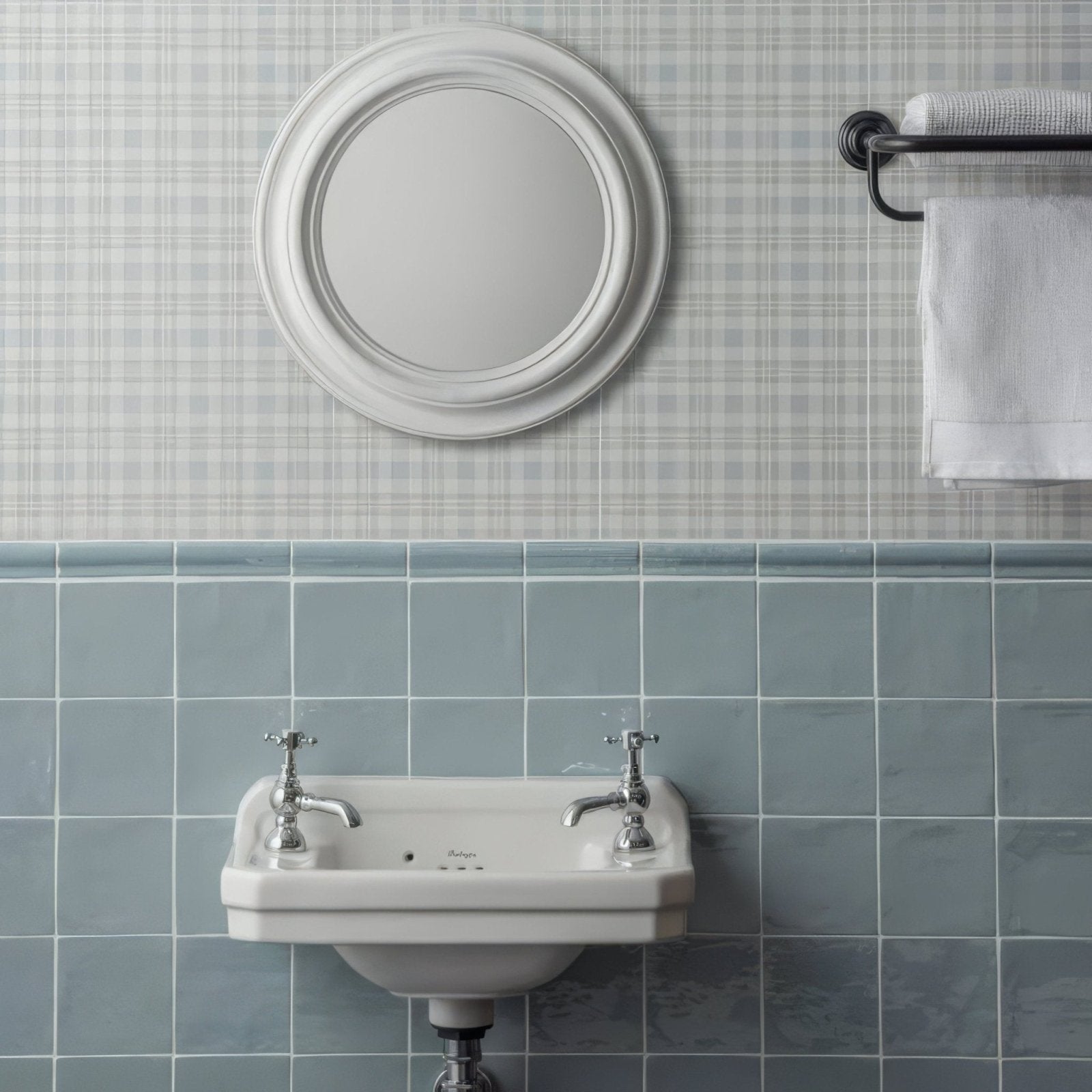 White ceramic wall-mounted sink with chrome cross-handle faucets set against cornflower field tile background