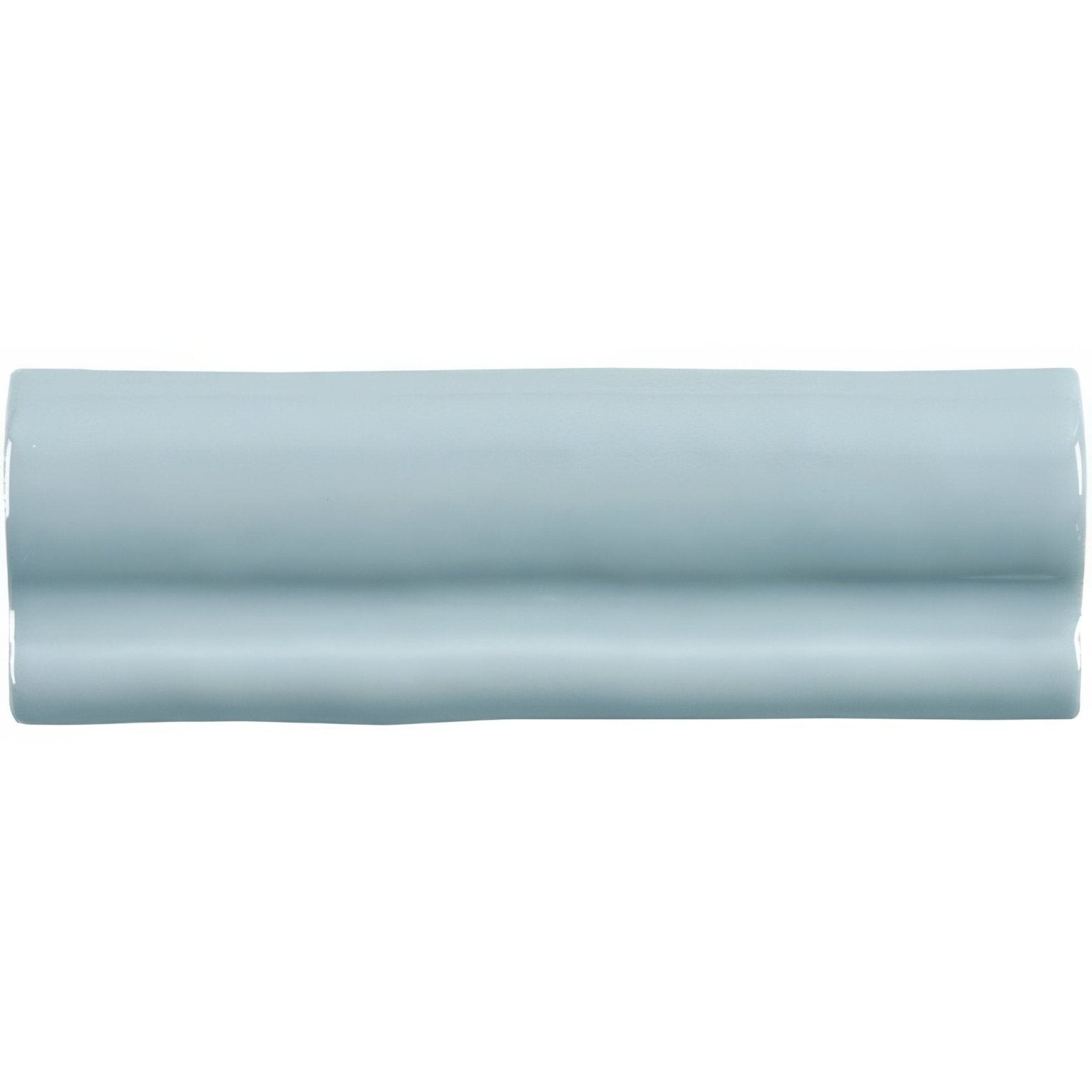 A sleek light blue ceramic Cornflower Torus moulding tile with glossy finish and subtle ridged texture