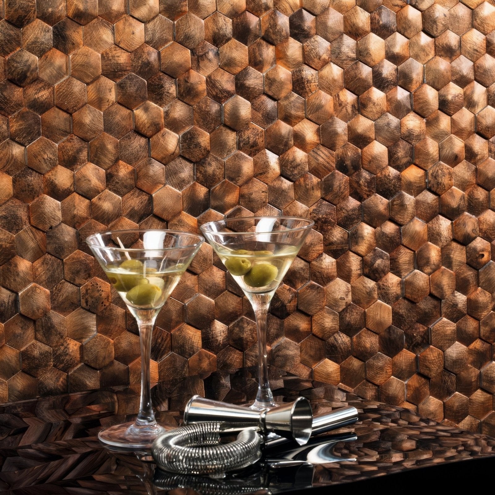 Corten 26 x 30.2cm copper-toned hexagon mosaic with two martini glasses of olives